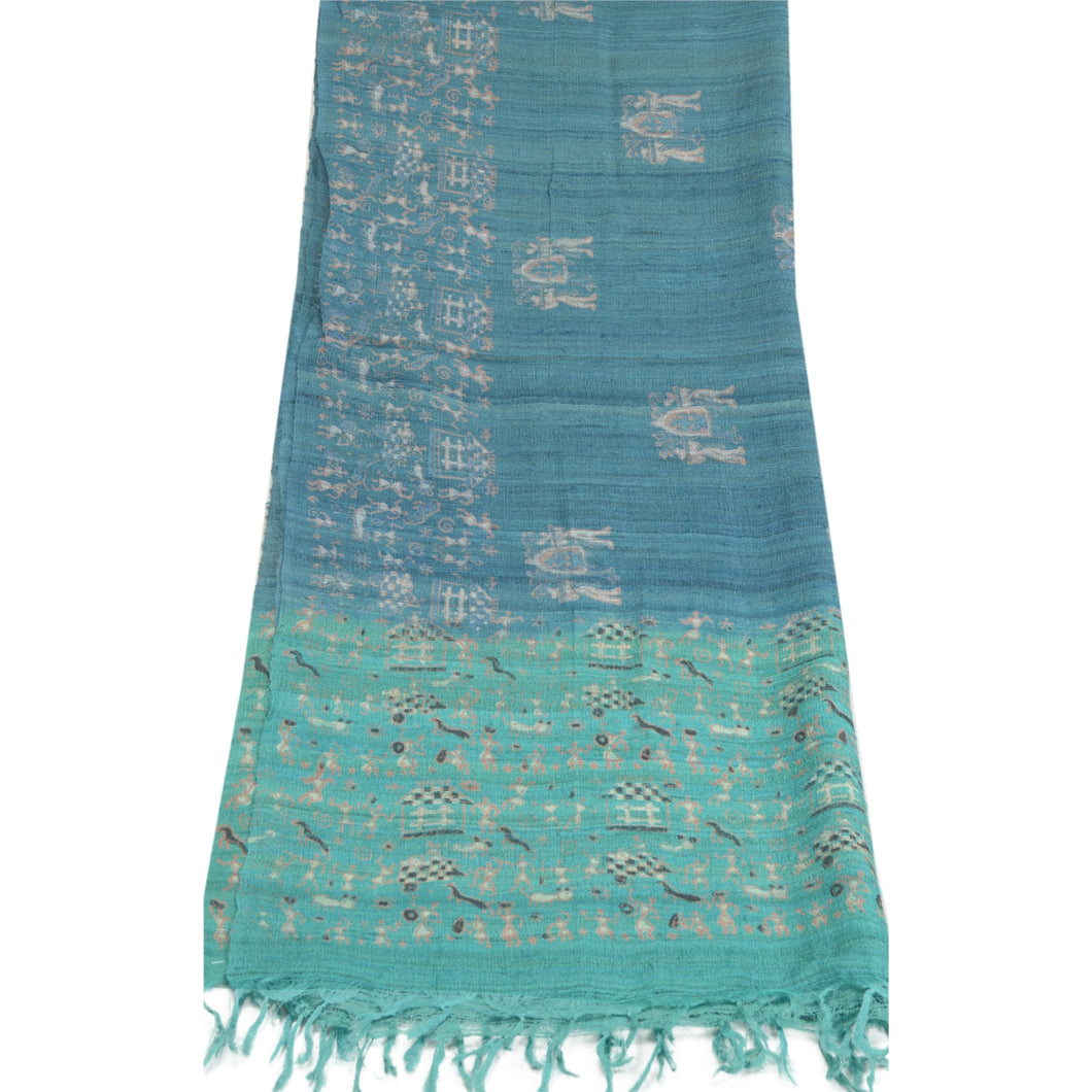 Sanskriti Vintage Long Blue Dupatta/Stole Pure Handloom Printed  Warli Arti Veil