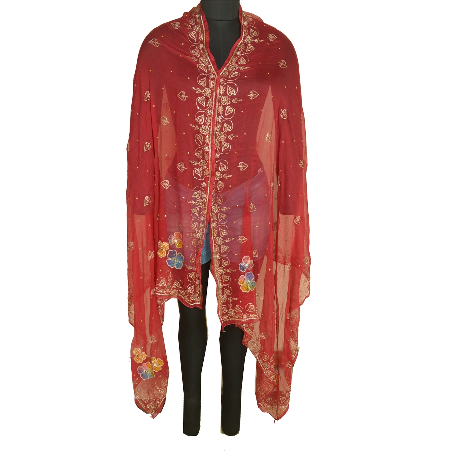 Sanskriti Vintage Long Dark Red Dupatta/Stole Pure Chiffon Silk Hand Beaded Veil
