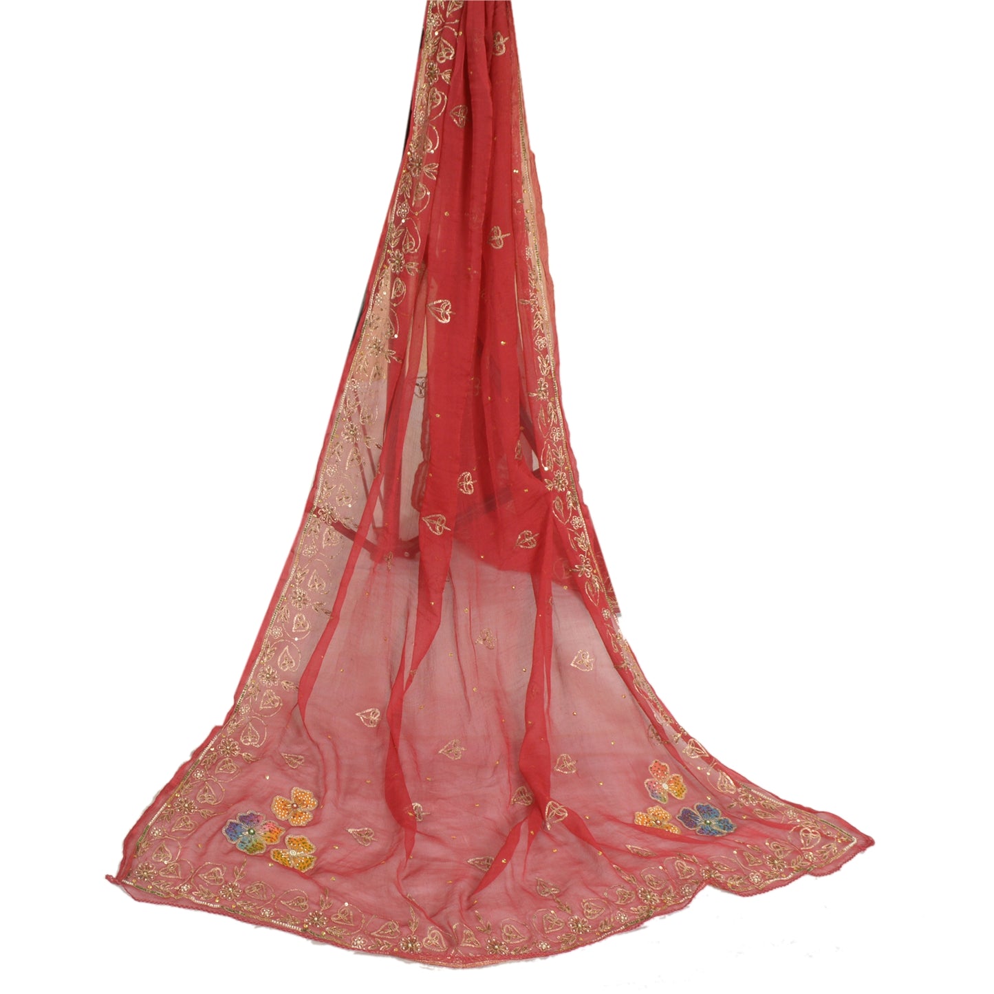 Sanskriti Vintage Long Dark Red Dupatta/Stole Pure Chiffon Silk Hand Beaded Veil