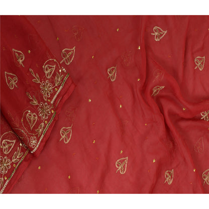 Sanskriti Vintage Long Dark Red Dupatta/Stole Pure Chiffon Silk Hand Beaded Veil