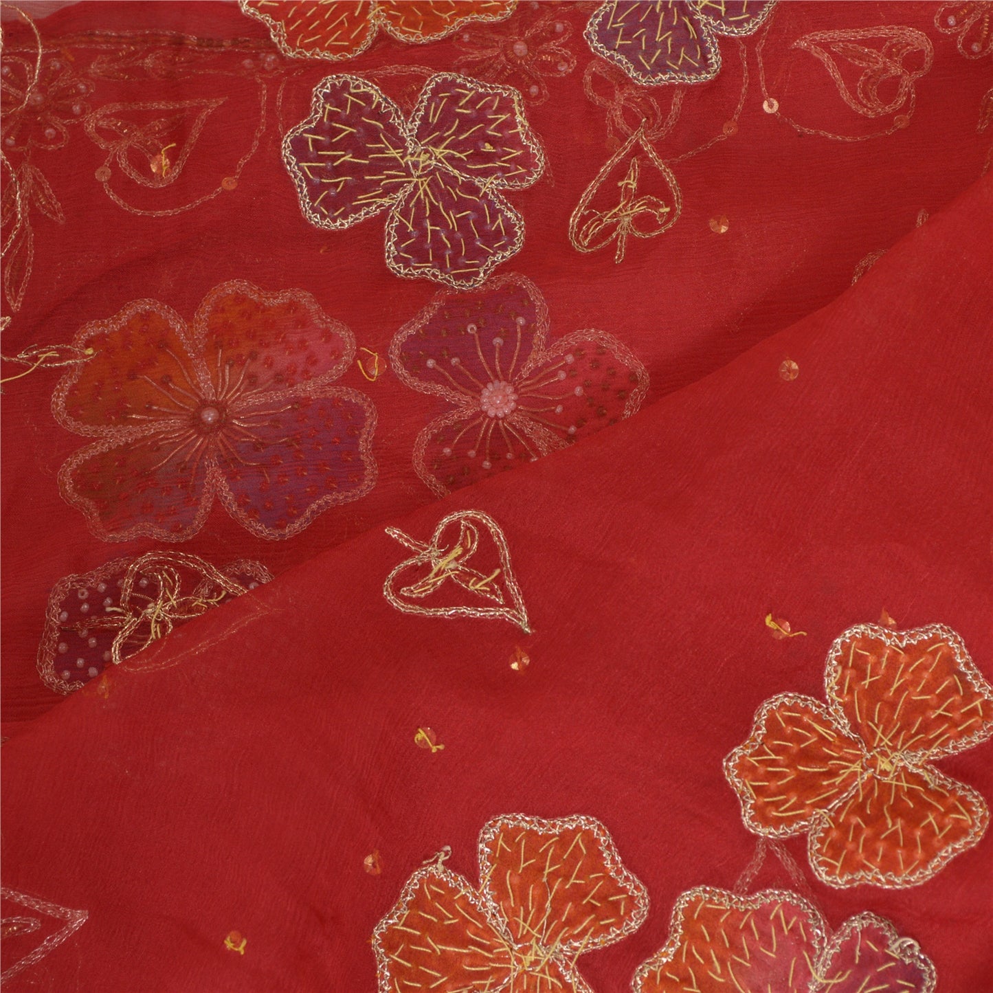 Sanskriti Vintage Long Dark Red Dupatta/Stole Pure Chiffon Silk Hand Beaded Veil