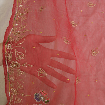 Sanskriti Vintage Long Dark Red Dupatta/Stole Pure Chiffon Silk Hand Beaded Veil