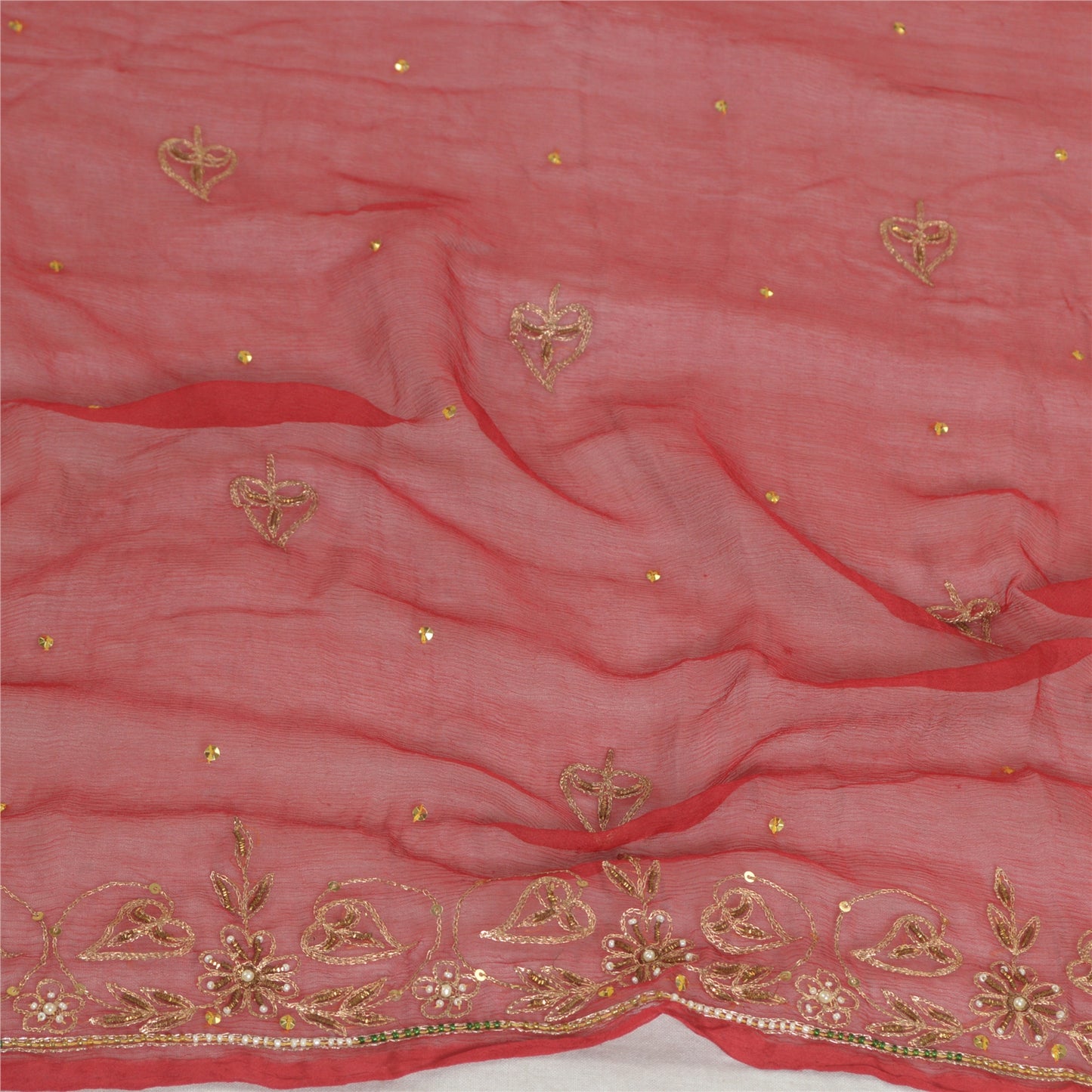 Sanskriti Vintage Long Dark Red Dupatta/Stole Pure Chiffon Silk Hand Beaded Veil