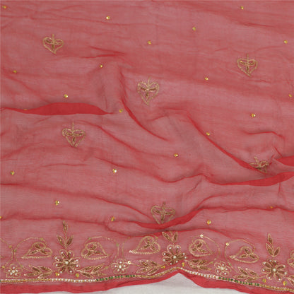 Sanskriti Vintage Long Dark Red Dupatta/Stole Pure Chiffon Silk Hand Beaded Veil