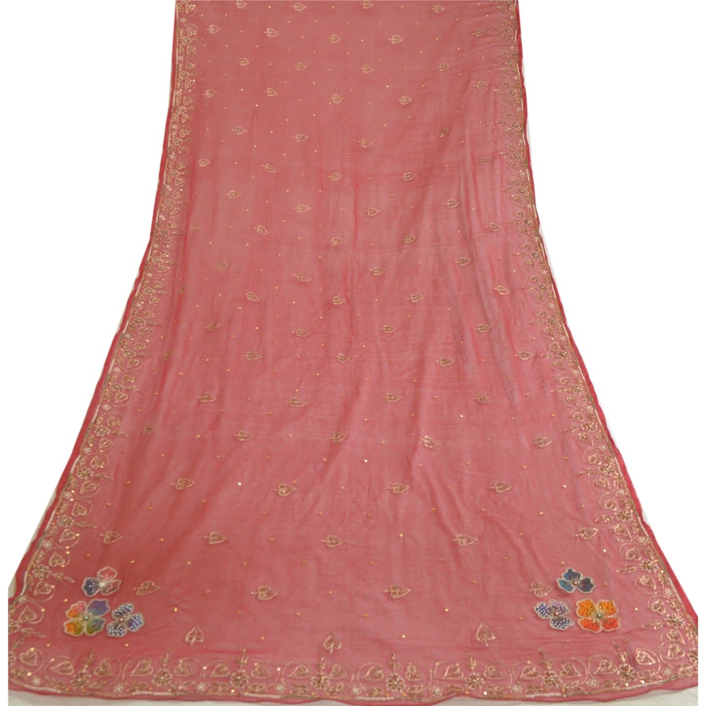 Sanskriti Vintage Long Dark Red Dupatta/Stole Pure Chiffon Silk Hand Beaded Veil