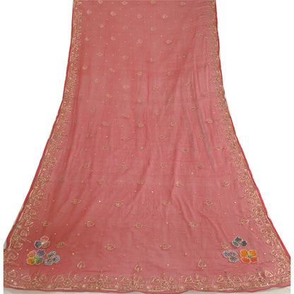 Sanskriti Vintage Long Dark Red Dupatta/Stole Pure Chiffon Silk Hand Beaded Veil