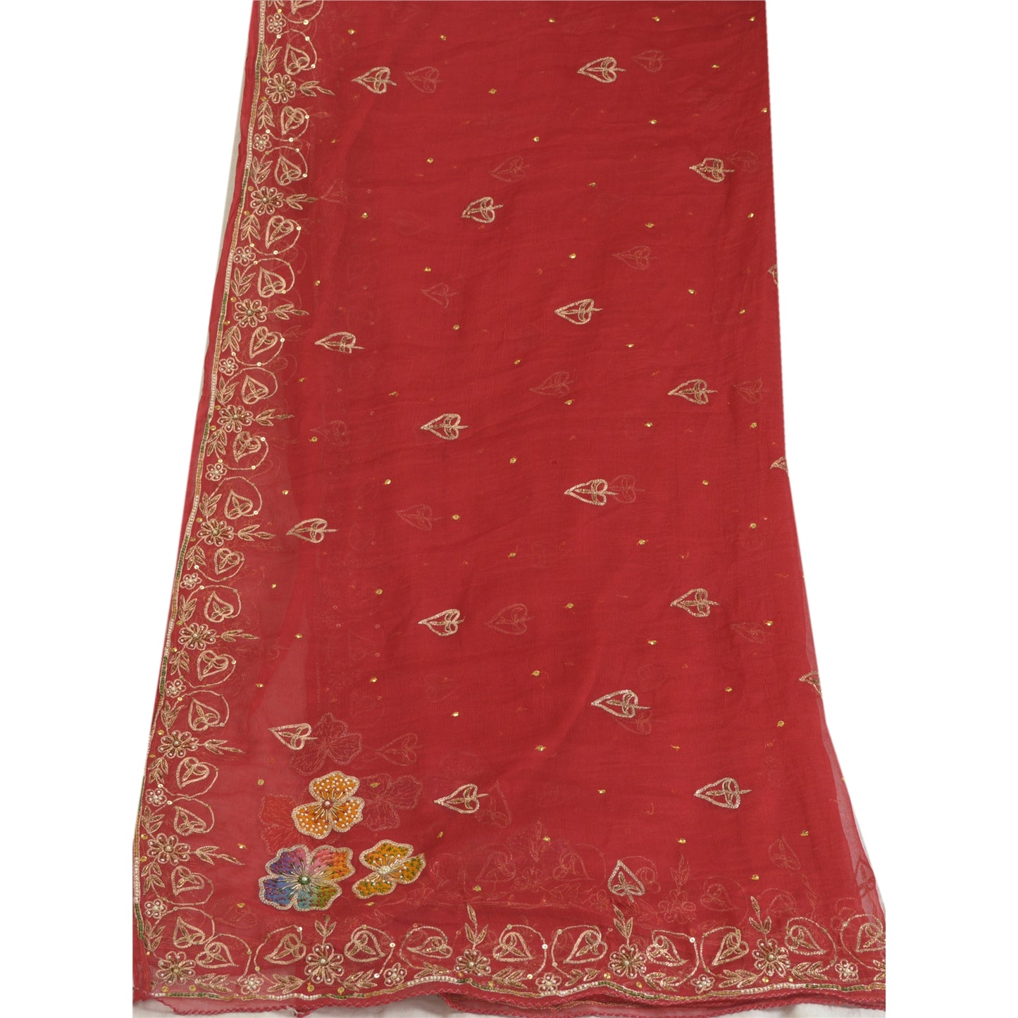 Sanskriti Vintage Long Dark Red Dupatta/Stole Pure Chiffon Silk Hand Beaded Veil