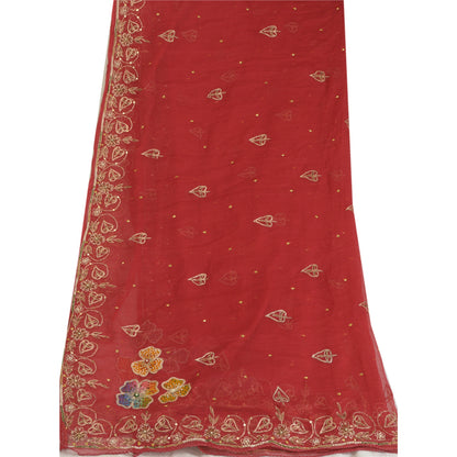 Sanskriti Vintage Long Dark Red Dupatta/Stole Pure Chiffon Silk Hand Beaded Veil