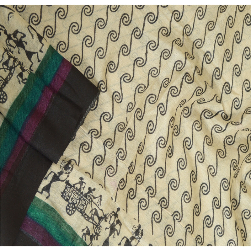 Sanskriti Vintage Long Dupatta Pure Woolen Ivory Warli Printed Soft Hijab Add-Elegance to Table Linen, Curtains, or Cushions