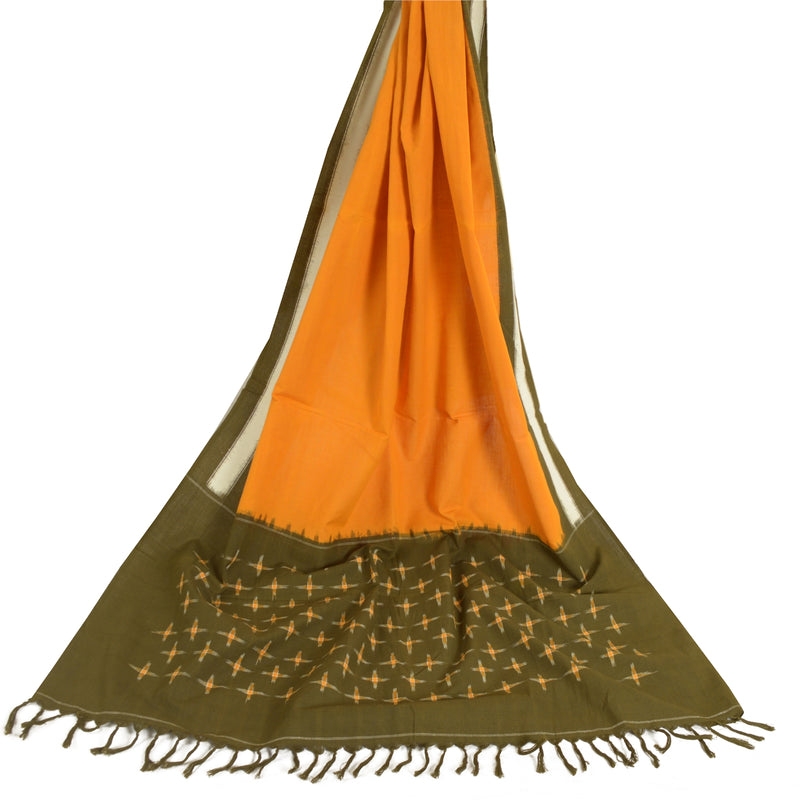 Sanskriti Vintage Long Dupatta Stole Pure Cotton Saffron/Green Woven Ikat Hijab