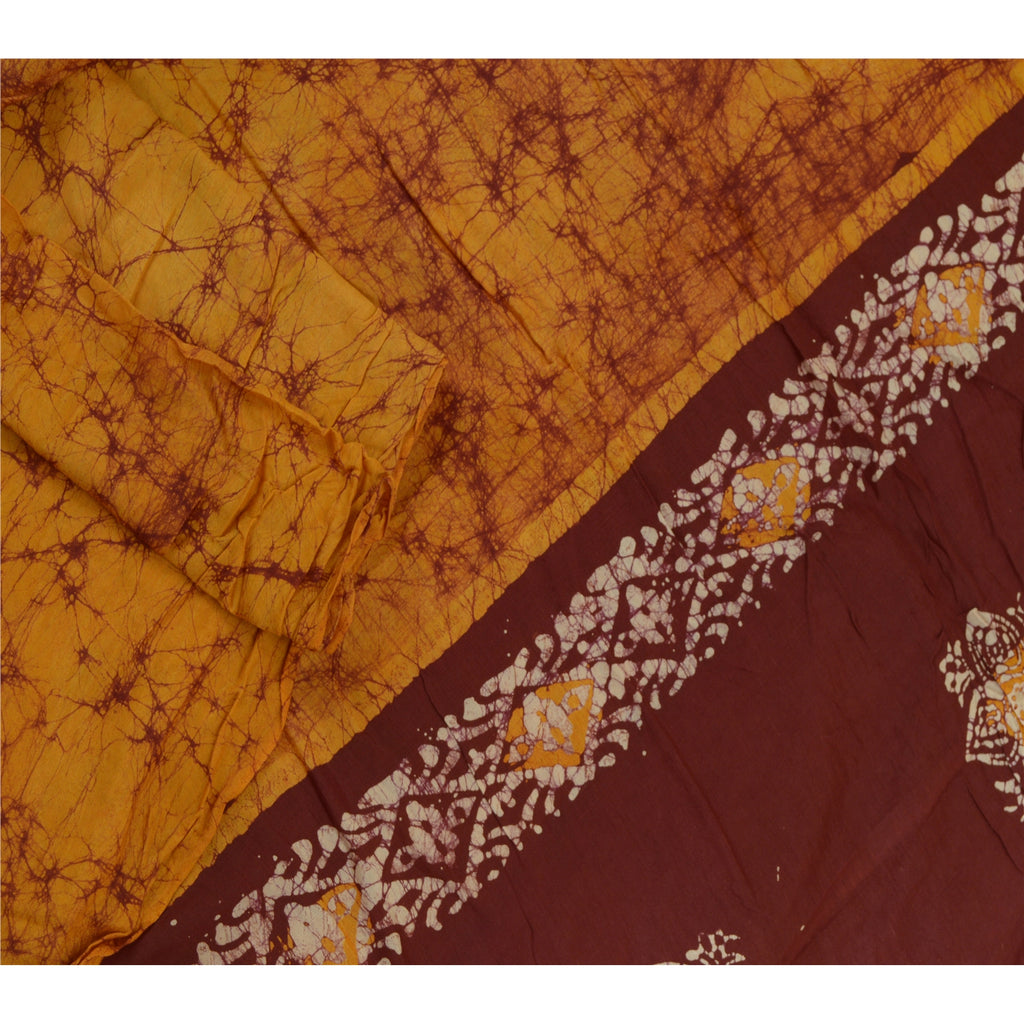 Sanskriti Vintage Sanskriti Vintage Long Dupatta Scarf Pure Cotton Saffron/Brown Batik Work Hijab For Crafting, Upcycling, or Even Wearing