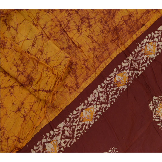 Sanskriti Vintage Sanskriti Vintage Long Dupatta Pure Cotton Saffron/Brown Batik Work Hijab For Crafting, Upcycling, or Even Wearing