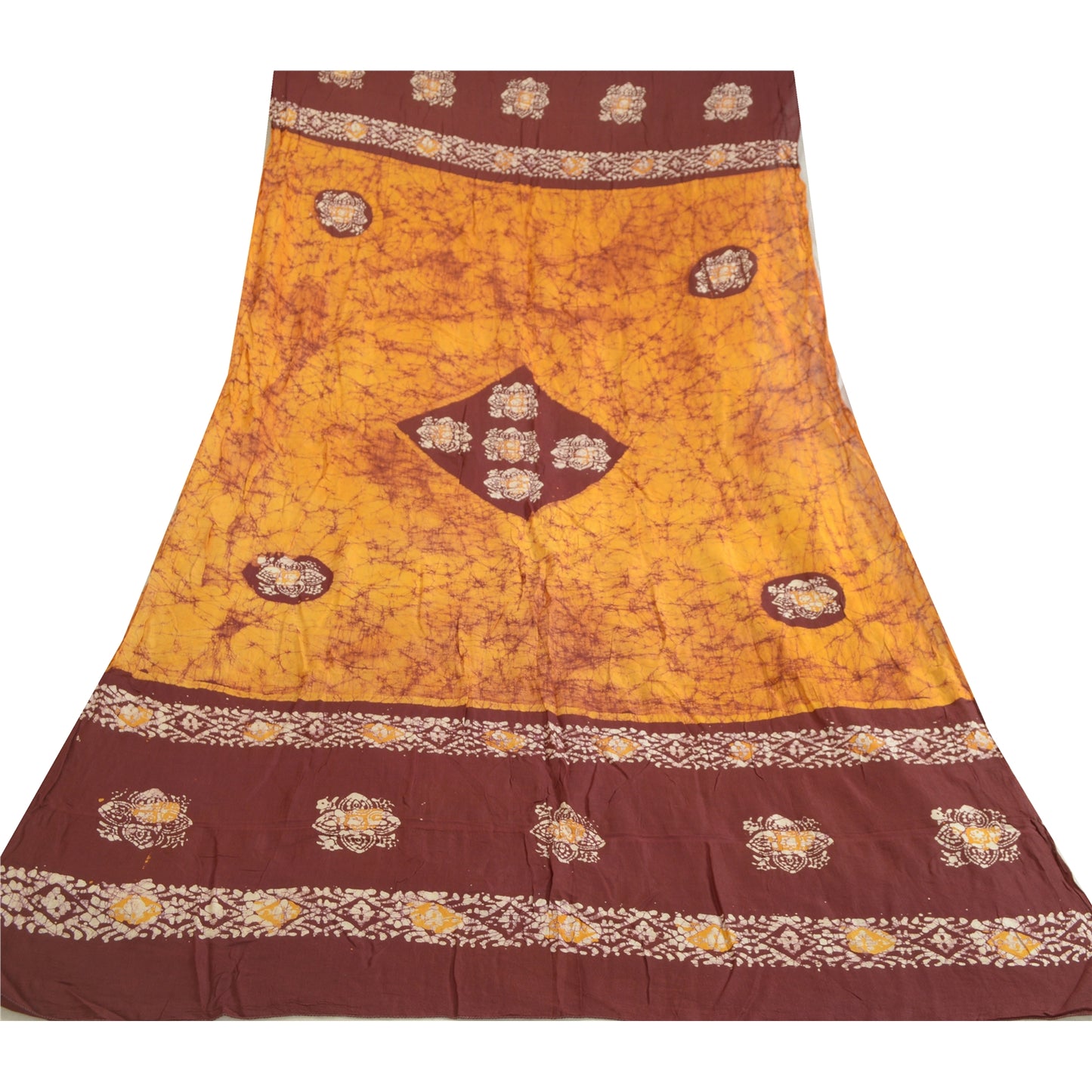 Sanskriti Vintage Long Dupatta Stole Pure Cotton Saffron/Brown Batik Work Hijab