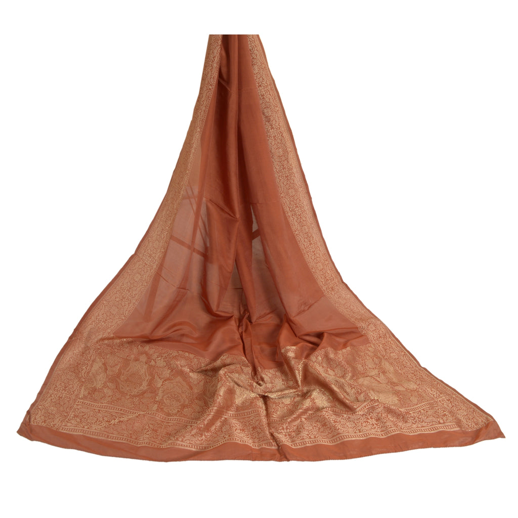 Sanskriti Vintage Long Dupatta Scarf Pure Silk Brown Woven Zari Wrap Scarves Bohemian Fabric For Dressmaking, Craft Supplies Decor
