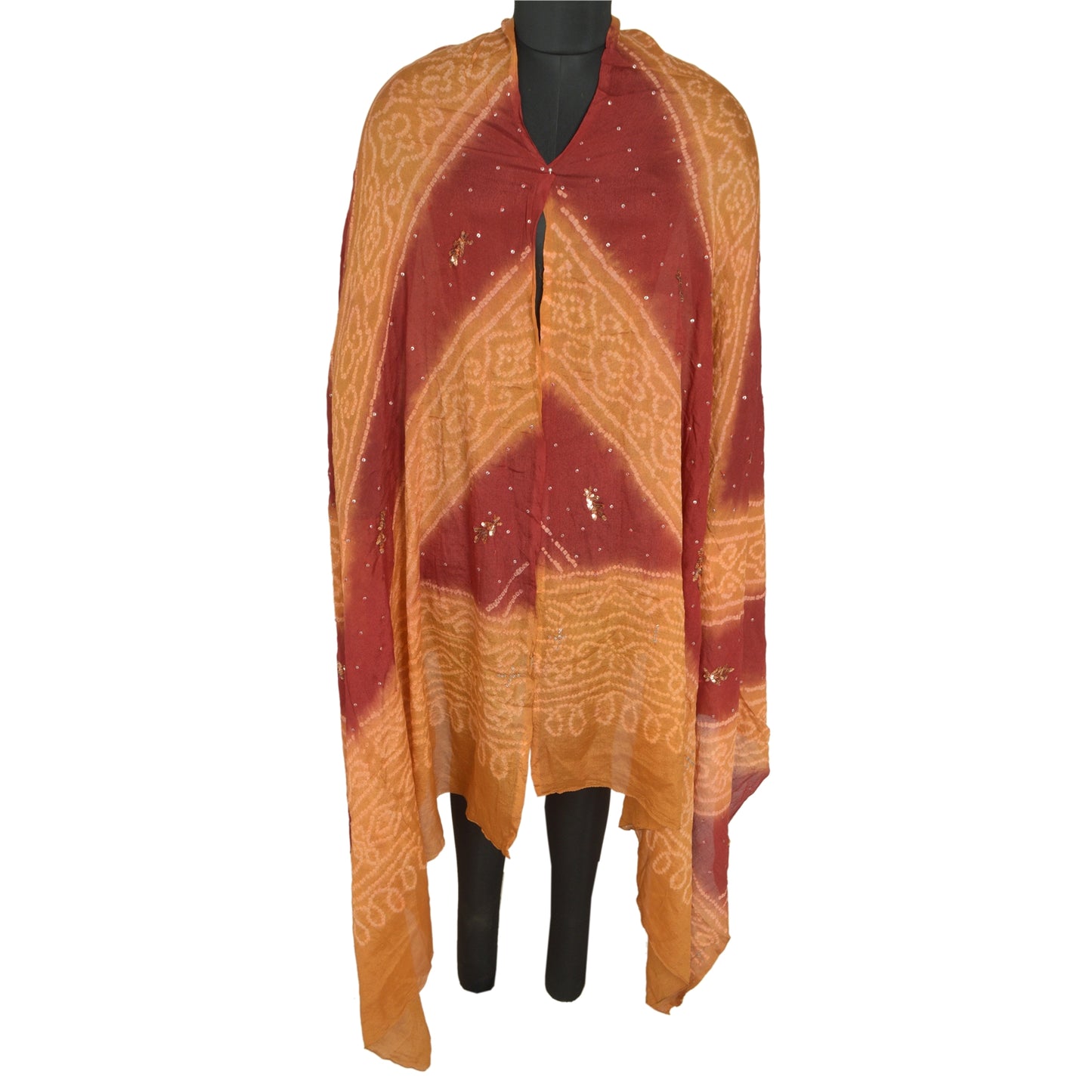 Sanskriti Vintage Long Dupatta Stole Pure Silk Saffron Hand Beaded Bandhani Veil