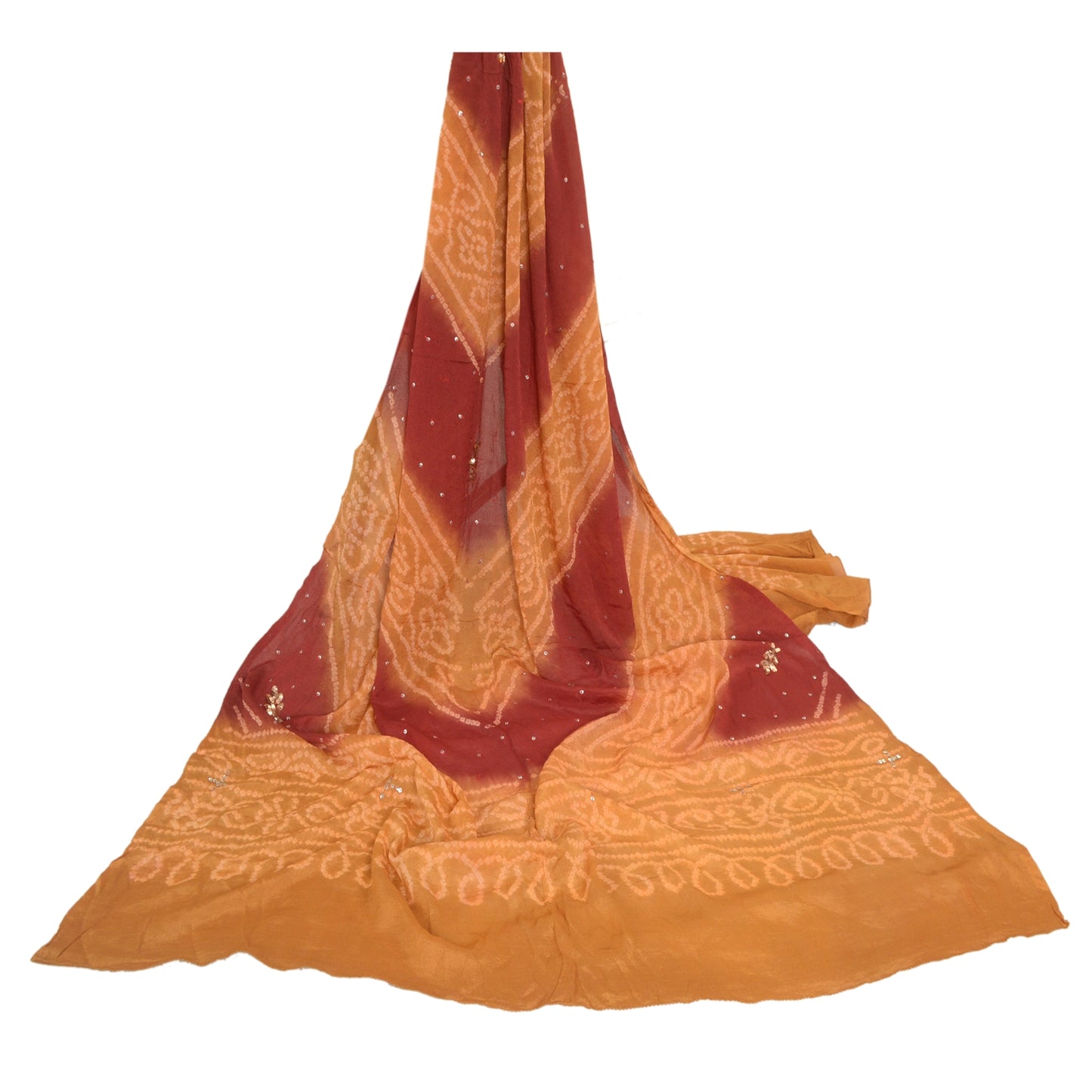 Sanskriti Vintage Long Dupatta Stole Pure Silk Saffron Hand Beaded Bandhani Veil