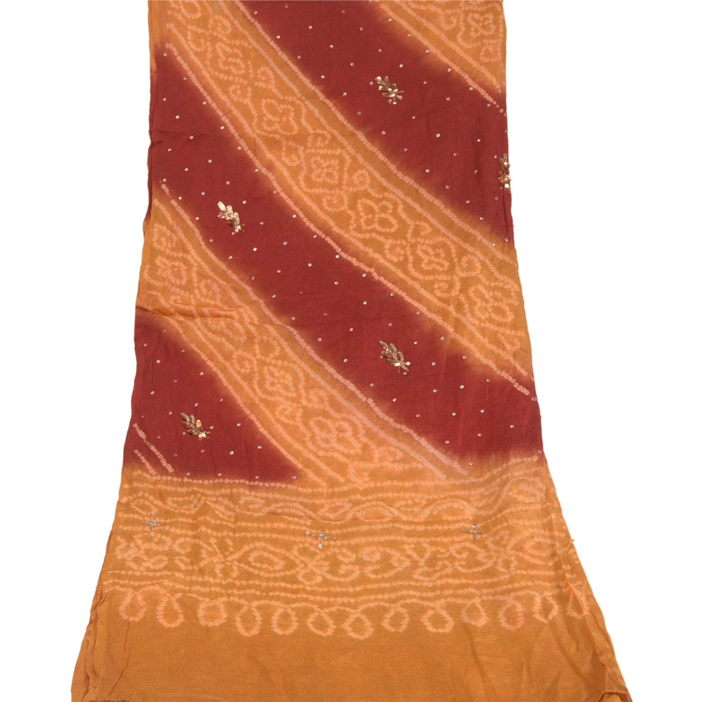 Sanskriti Vintage Long Dupatta Stole Pure Silk Saffron Hand Beaded Bandhani Veil