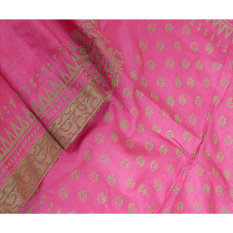 Sanskriti Vintage Long Dupatta Pure Silk Hot Pink Hand-Block Printed Veil Add-Elegance to Table Linen, Curtains, or Cushions