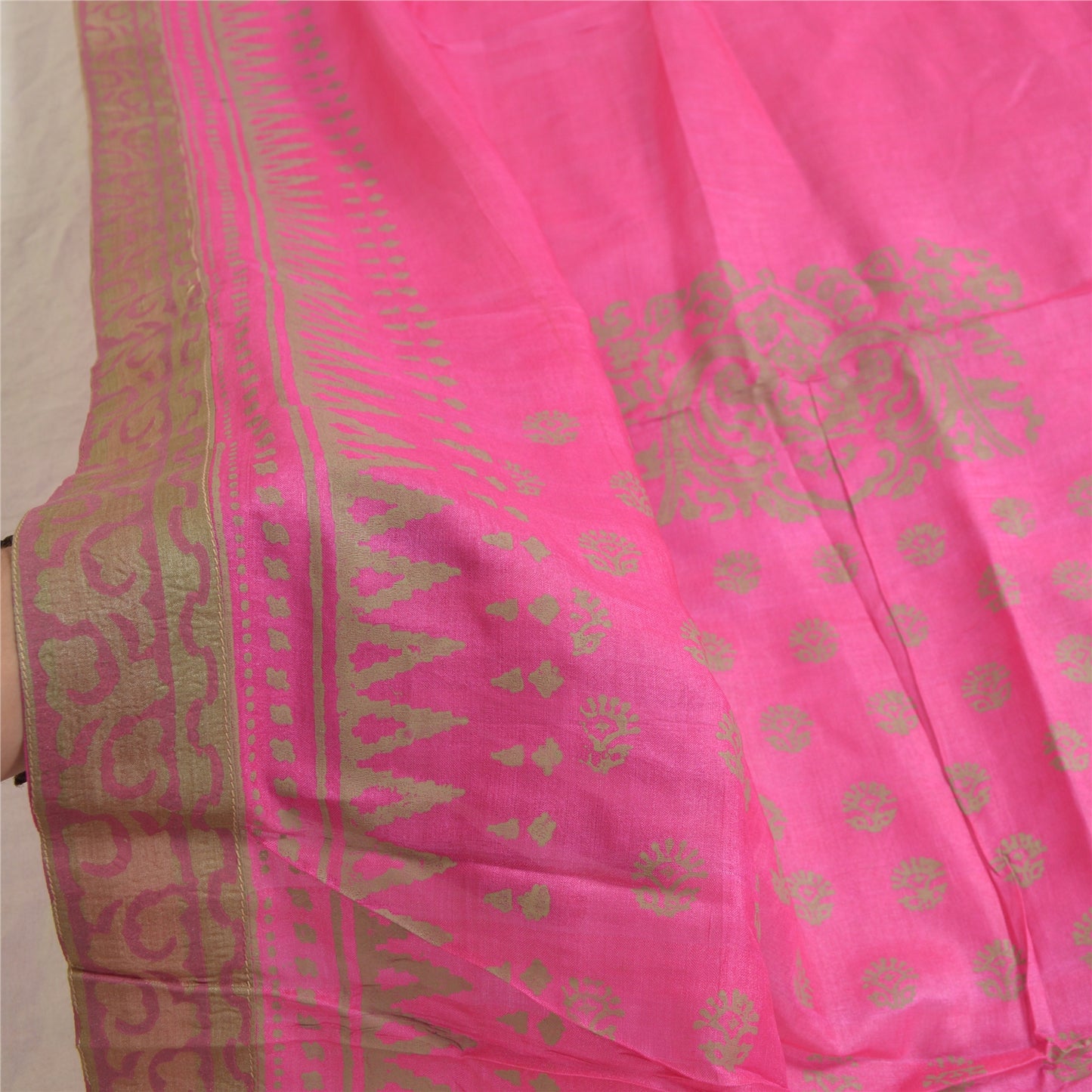 Санскрити Винтаж Длинный Палантин Дупатта Чистый Шелк Ярко-Розовый Напечатанный вручную Вуаль