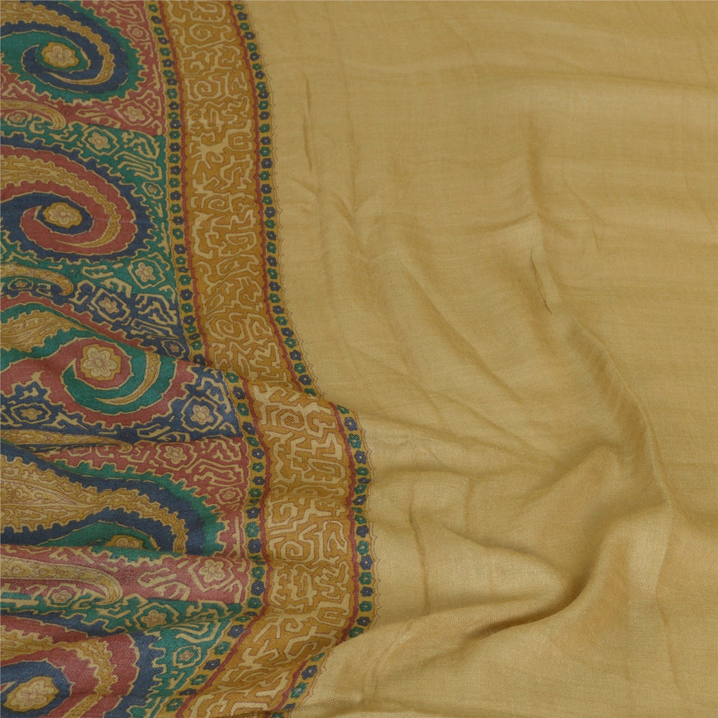 Sanskriti Vintage Lang Dupatta Stola Ren Uld Beige Trykte Blomstertørklæder