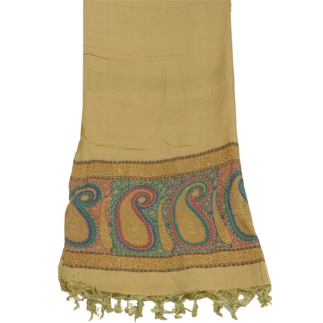 Sanskriti Vintage Long Dupatta Stole Pure Woolen Beige Printed Floral Scarves