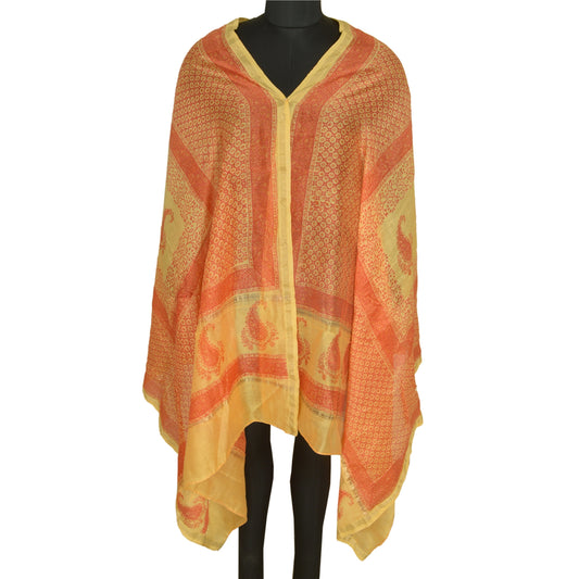 Sanskriti Vintage Long Dupatta Stole Cotton Silk Saffron/Orange Hand-Block Print