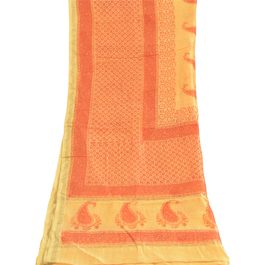 Sanskriti Vintage Long Dupatta Stole Cotton Silk Saffron/Orange Hand-Block Print
