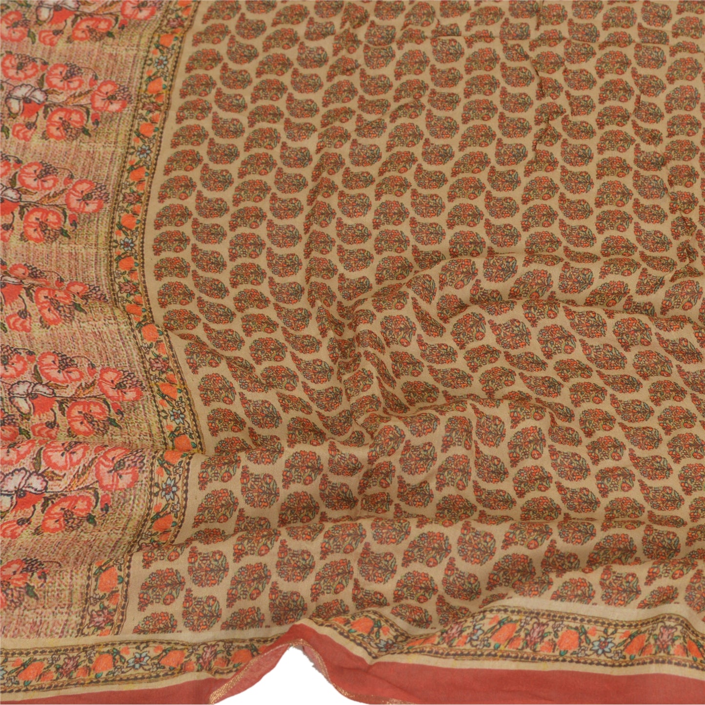 Sanskriti Vintage Cream Long Dupatta Stole Cotton Silk Digital Printed Scarves