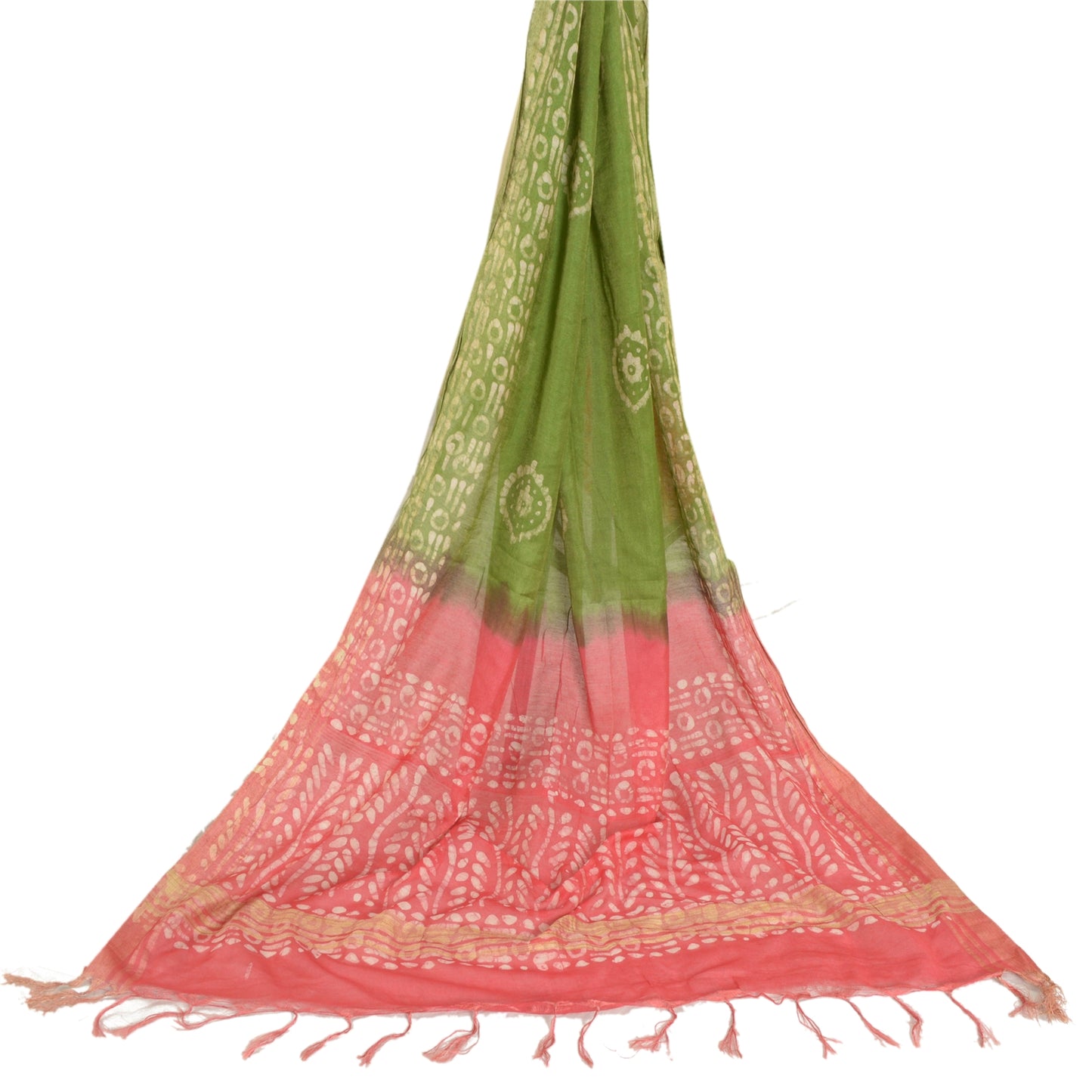 Sanskriti Vintage Long Dupatta Stole Pure Silk Pink/Green Batik Work Hijab