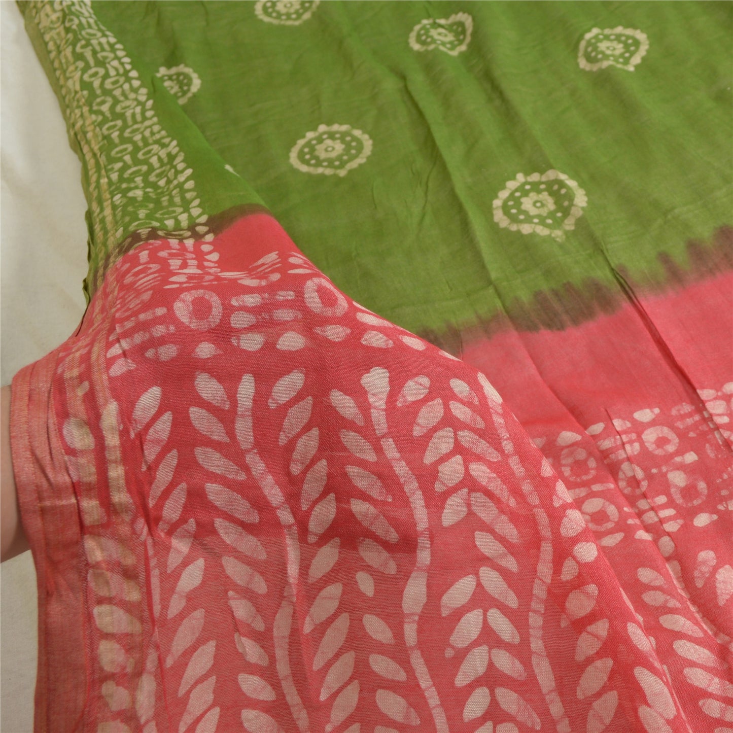 Sanskriti Vintage Long Dupatta Stole Pure Silk Pink/Green Batik Work Hijab