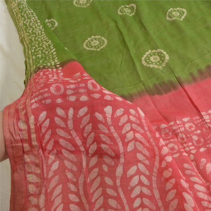 Sanskriti Vintage Long Dupatta Stole Pure Silk Pink/Green Batik Work Hijab