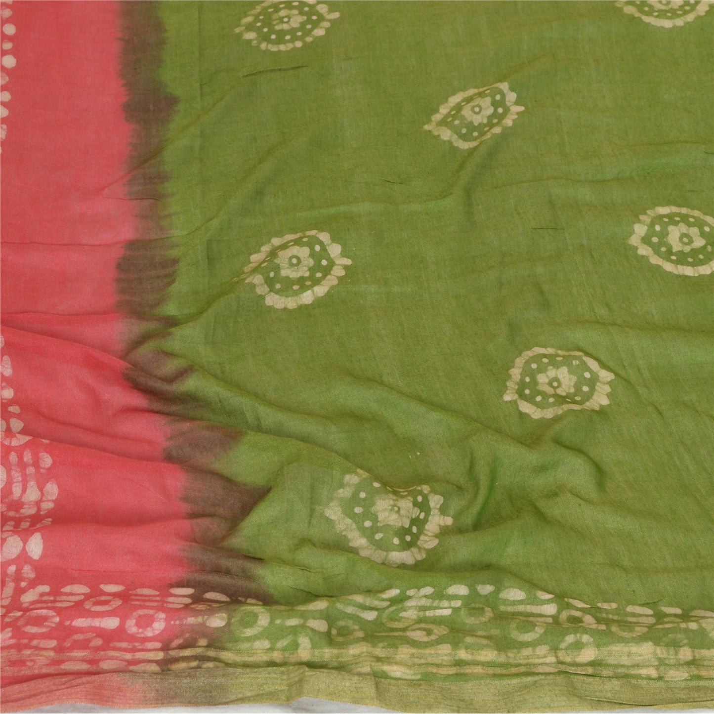 Sanskriti Vintage Long Dupatta Stole Pure Silk Pink/Green Batik Work Hijab