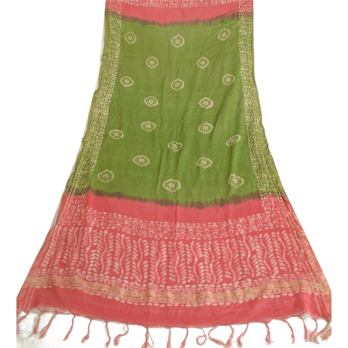 Sanskriti Vintage Long Dupatta Stole Pure Silk Pink/Green Batik Work Hijab