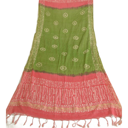 Sanskriti Vintage Long Dupatta Stole Pure Silk Pink/Green Batik Work Hijab