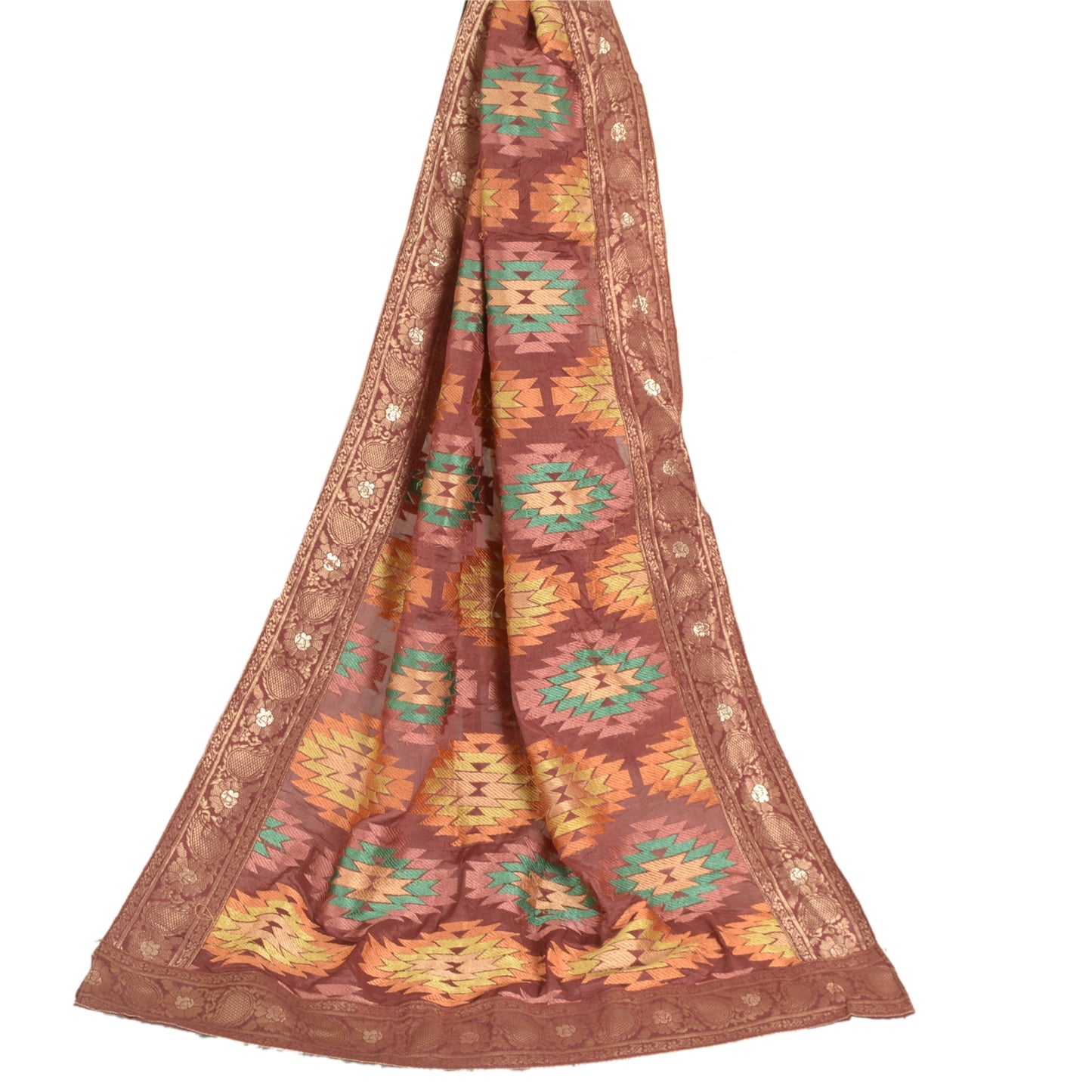Sanskriti Vintage Long Dupatta Stole Pure Silk Brick Red Embroidered Wrap Veil