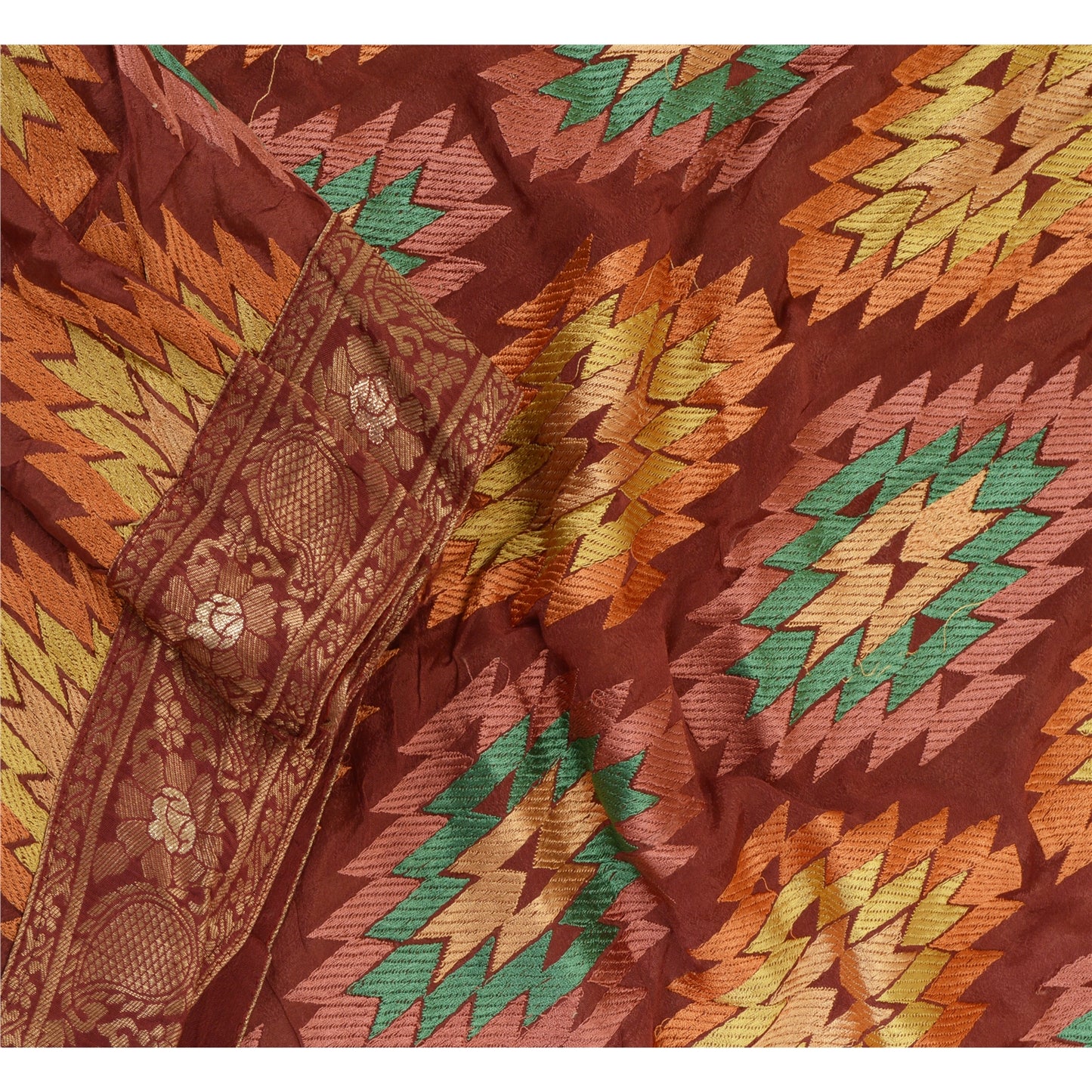 Sanskriti Vintage Long Dupatta Stole Pure Silk Brick Red Embroidered Wrap Veil