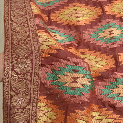 Sanskriti Vintage Long Dupatta Stole Pure Silk Brick Red Embroidered Wrap Veil