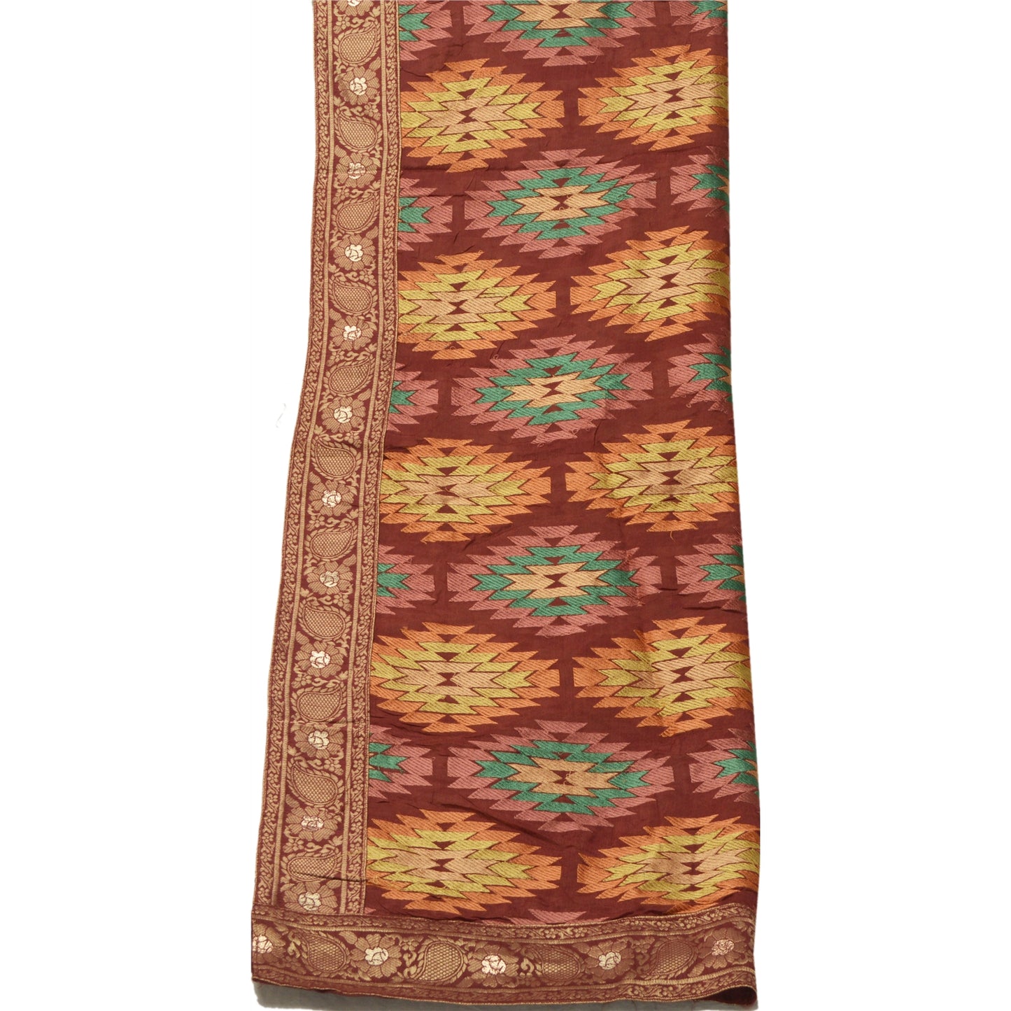 Sanskriti Vintage Long Dupatta Stole Pure Silk Brick Red Embroidered Wrap Veil