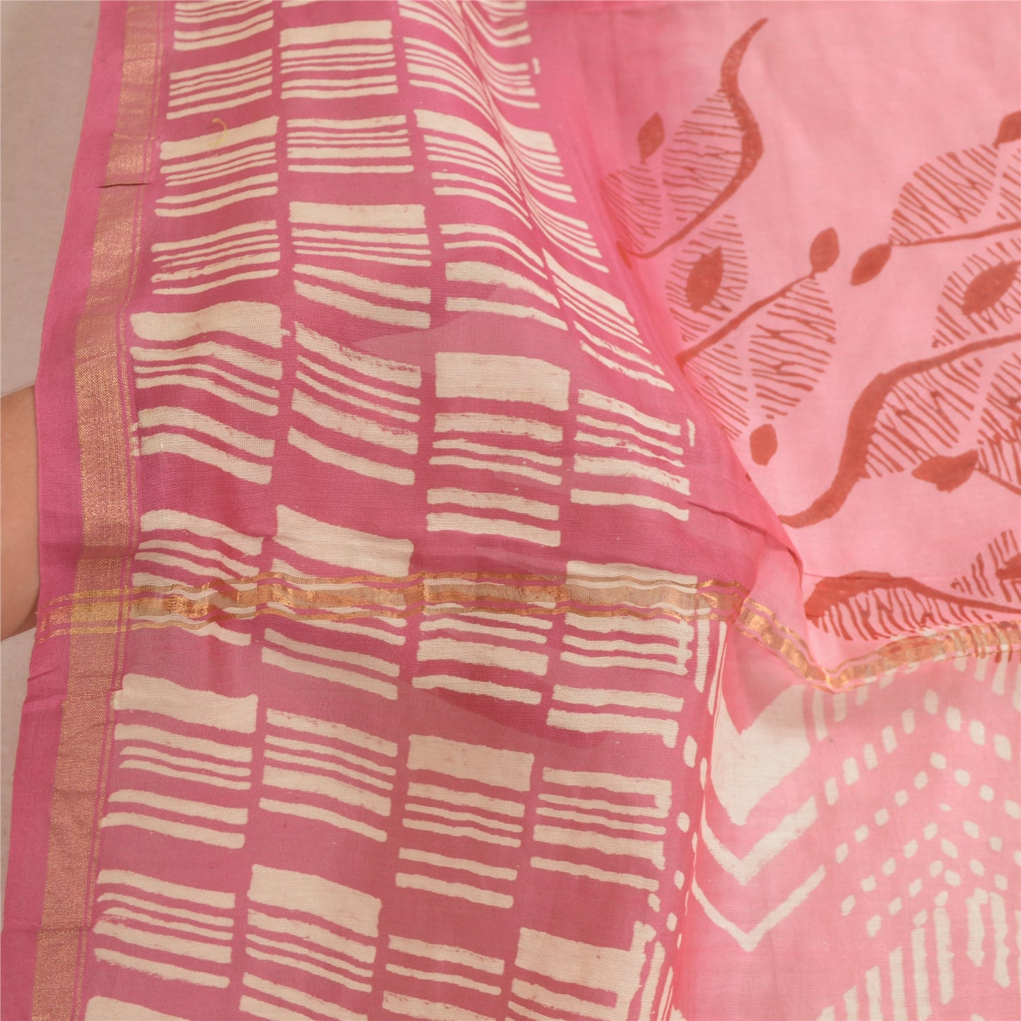 Sanskriti Vintage Pink Lange Dupatta Stola Bomuld Silke Bloktrykte Wrap Halstørklæder