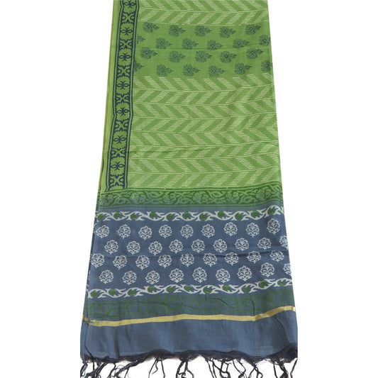 Sanskriti Vintage Long Green/Blue Dupatta/Stole Pure Chanderi Hand-Block Printed