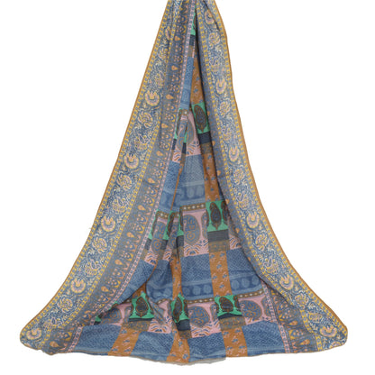 Sanskriti Vintage Long Dupatta Stole Cotton Silk Blue Hijab Printed Wrap Scarves