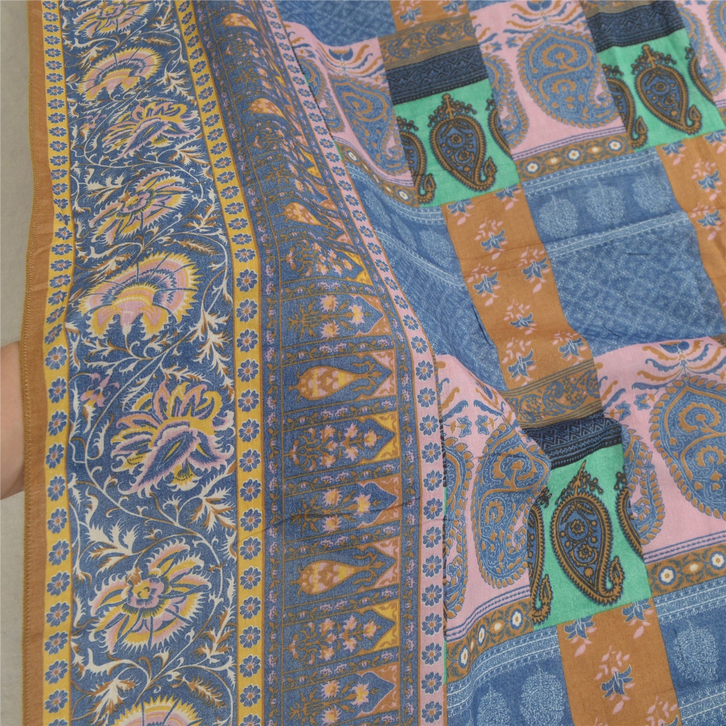 Sanskriti Vintage Long Dupatta Stole Cotton Silk Blue Hijab Printed Wrap Scarves