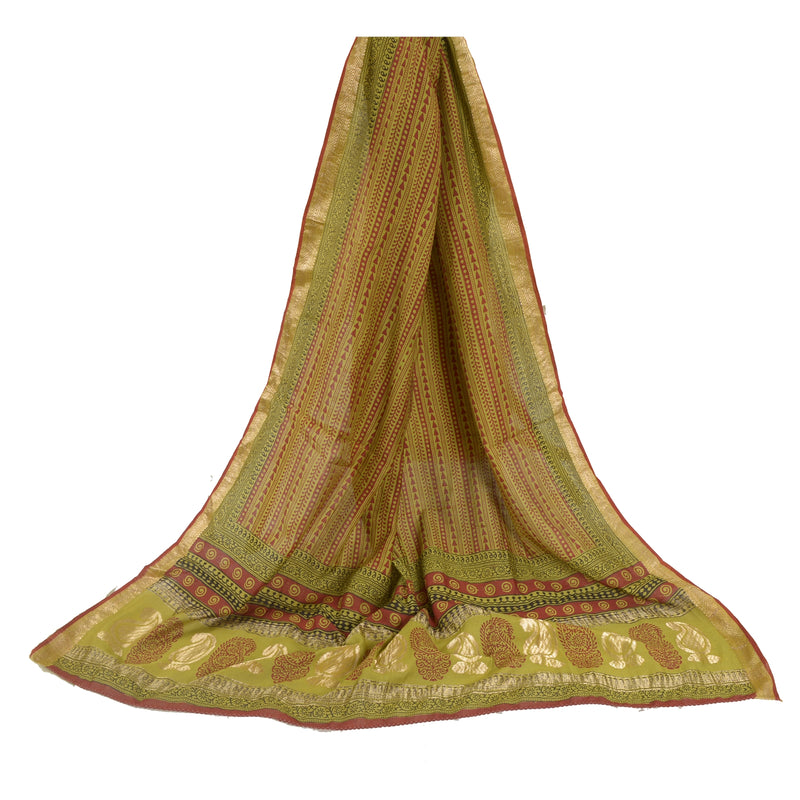Sanskriti Vintage Dupatta Green Long Stole Cotton Silk Hand-Block Printed Veil