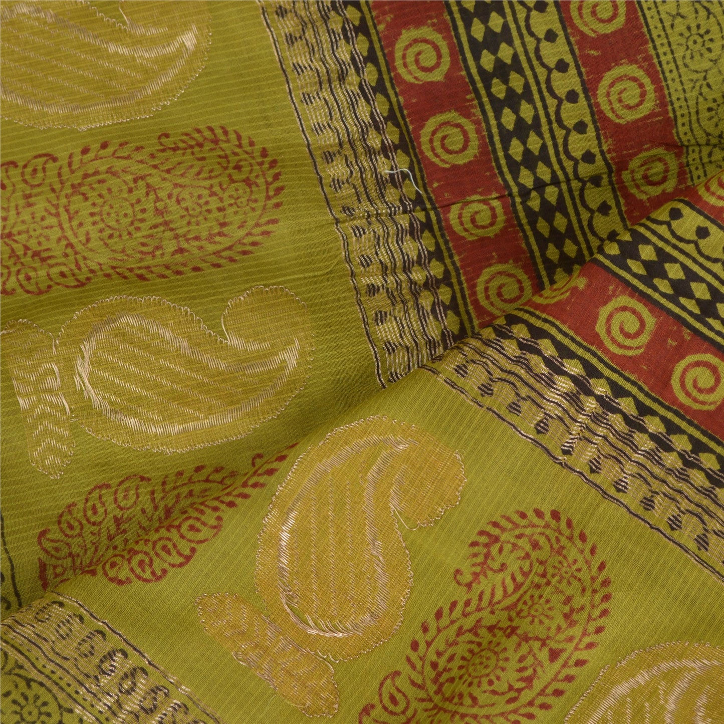 Sanskriti Vintage Dupatta Green Long Stole Cotton Silk Hand-Block Printed Veil