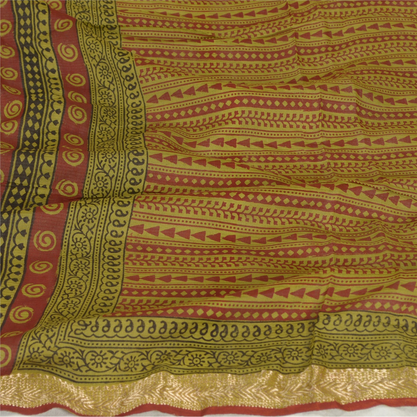 Sanskriti Vintage Dupatta Green Long Stole Cotton Silk Hand-Block Printed Veil