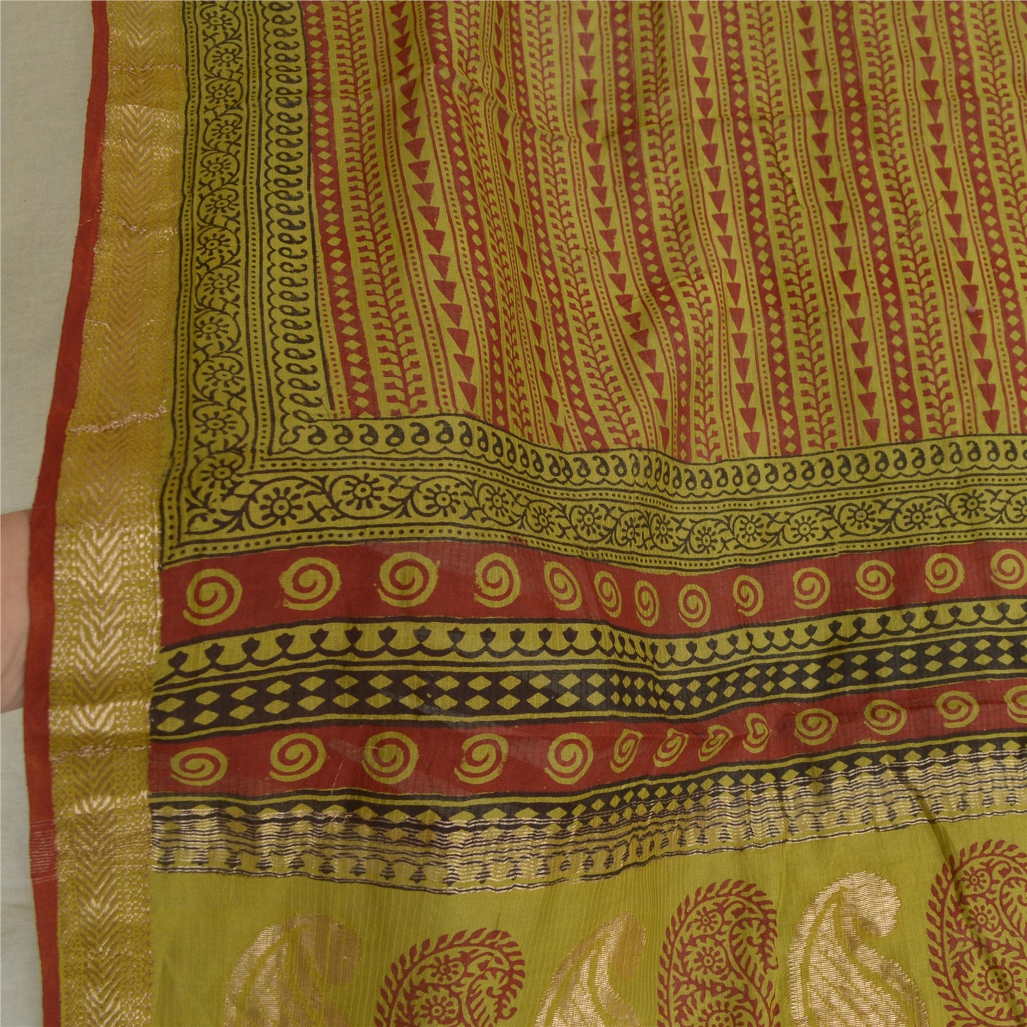 Sanskriti Vintage Dupatta Green Long Stole Cotton Silk Hand-Block Printed Veil