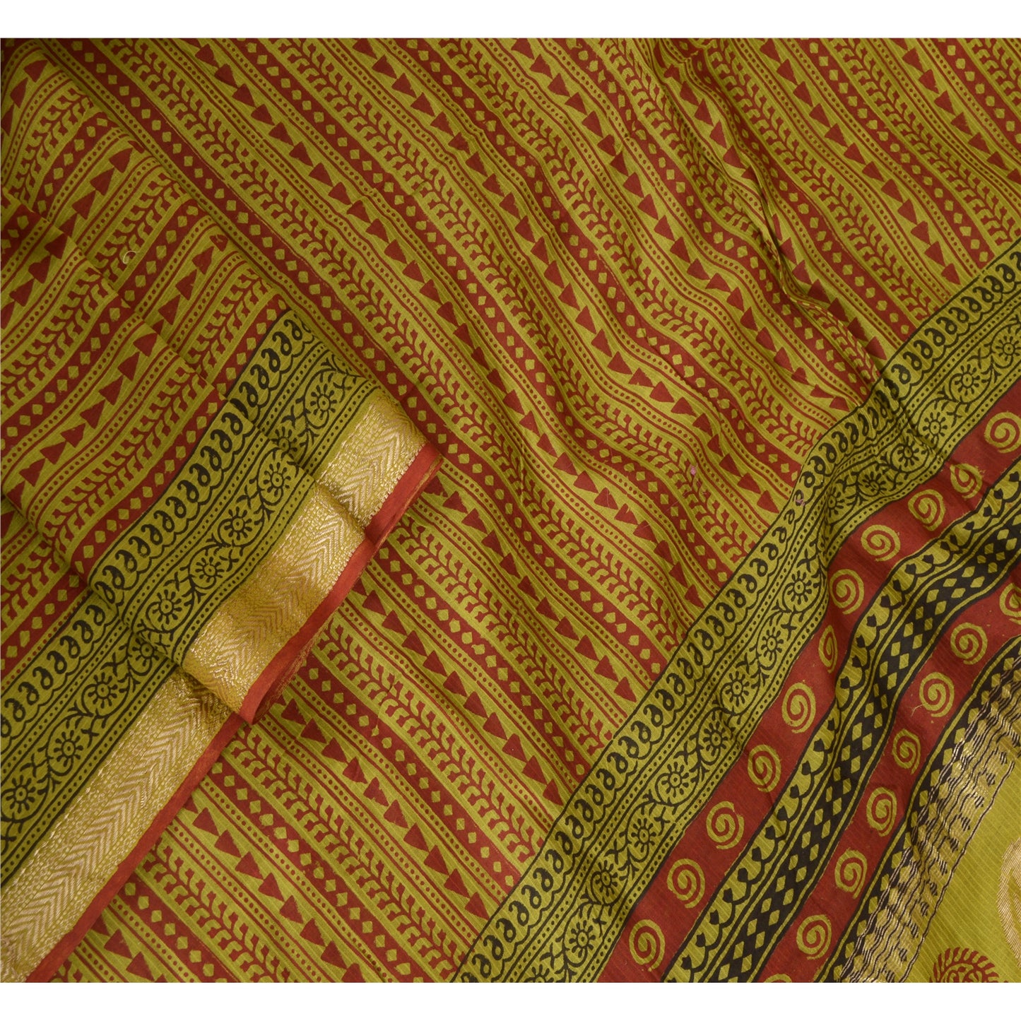Sanskriti Vintage Dupatta Green Long Stole Cotton Silk Hand-Block Printed Veil