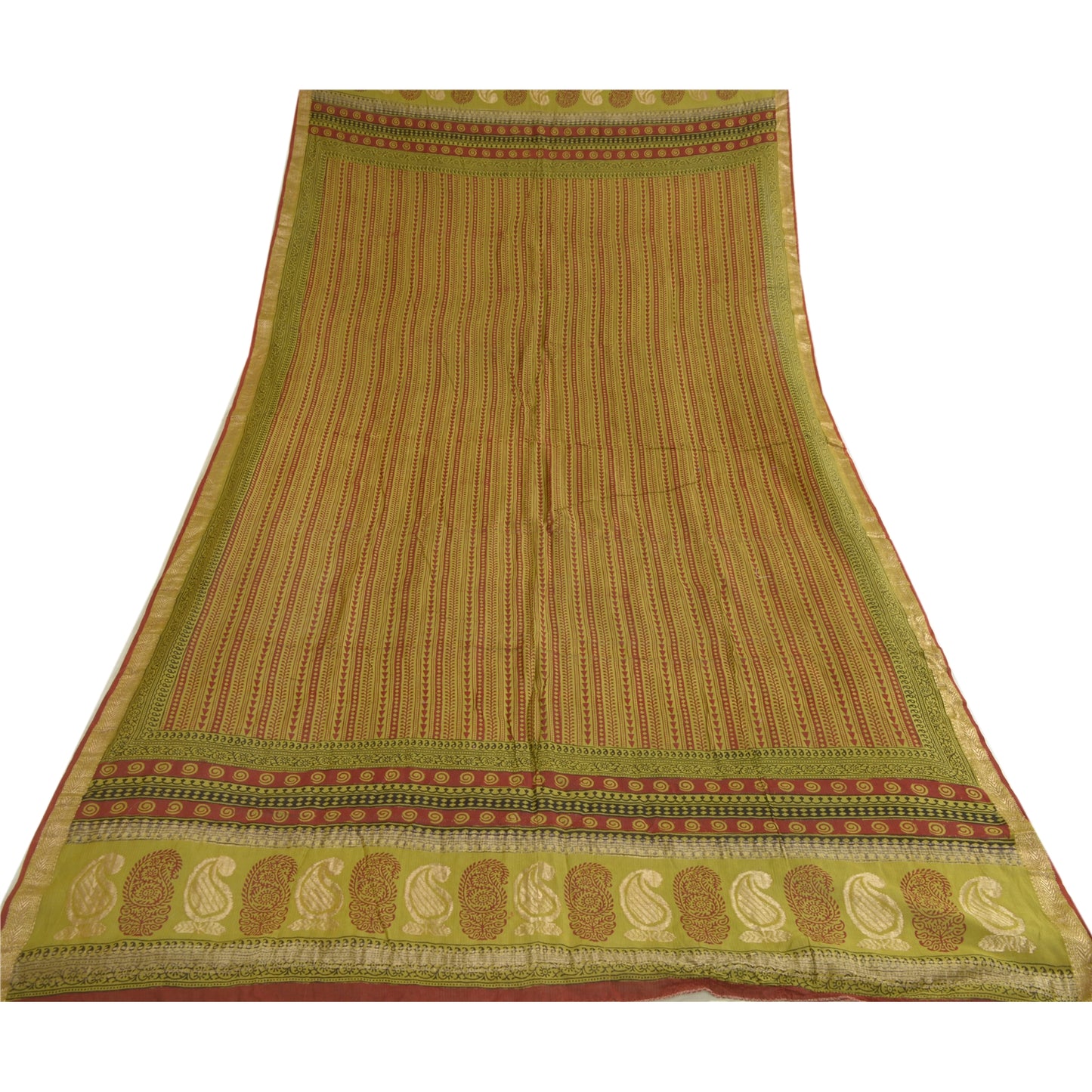 Sanskriti Vintage Dupatta Green Long Stole Cotton Silk Hand-Block Printed Veil