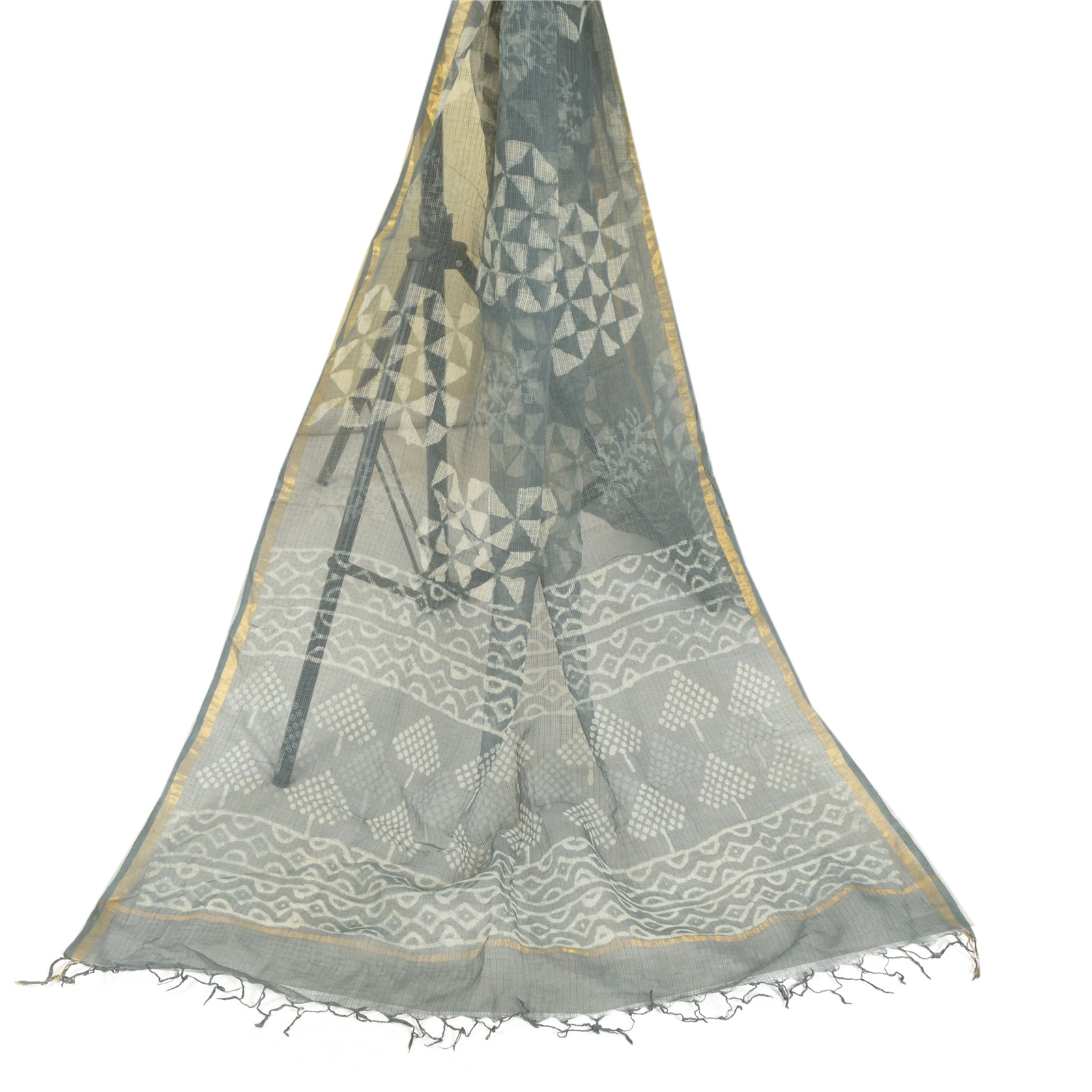 Sanskriti Vintage Dupatta Stole Pure Cotton Grey Bagru Hand Block Printed Kota