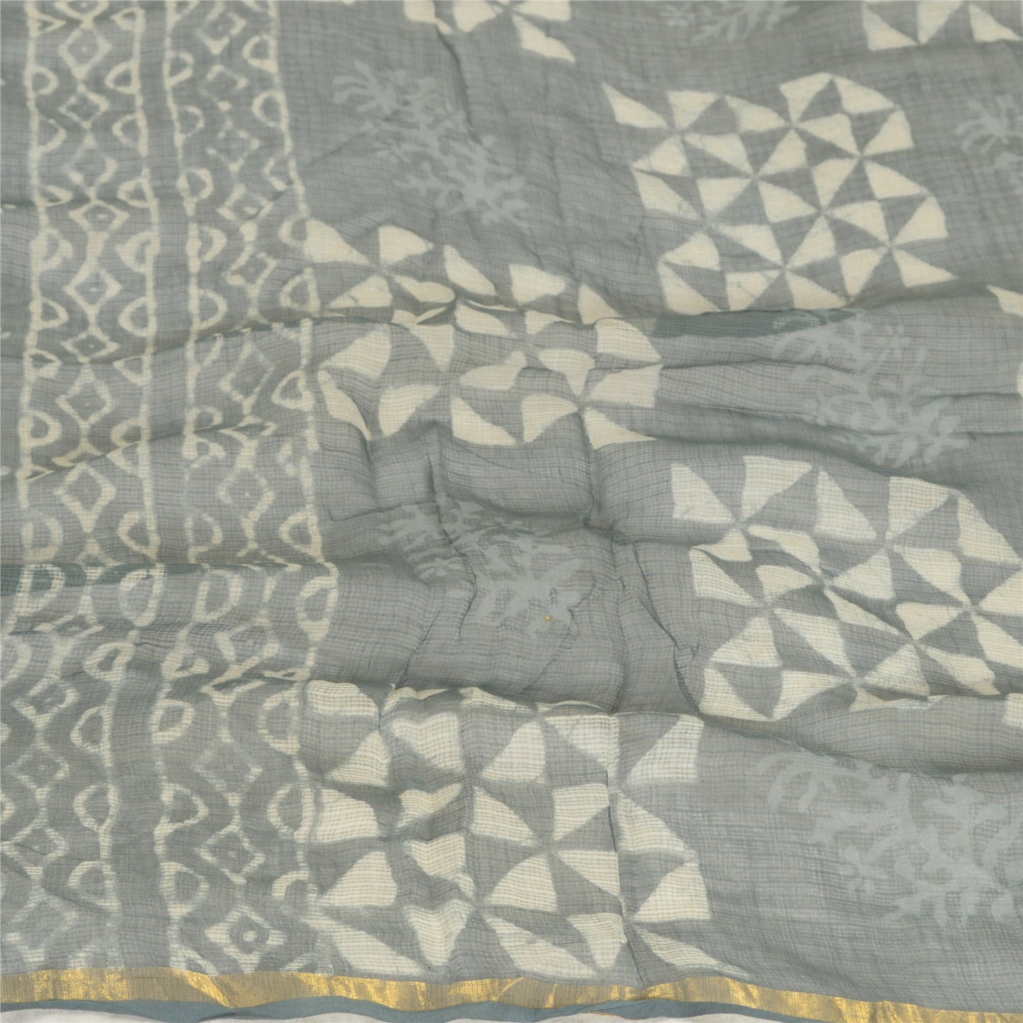 Sanskriti Vintage Dupatta Lang Stole Ren Bomuld Grå Bloktryk &amp; Kota Doria